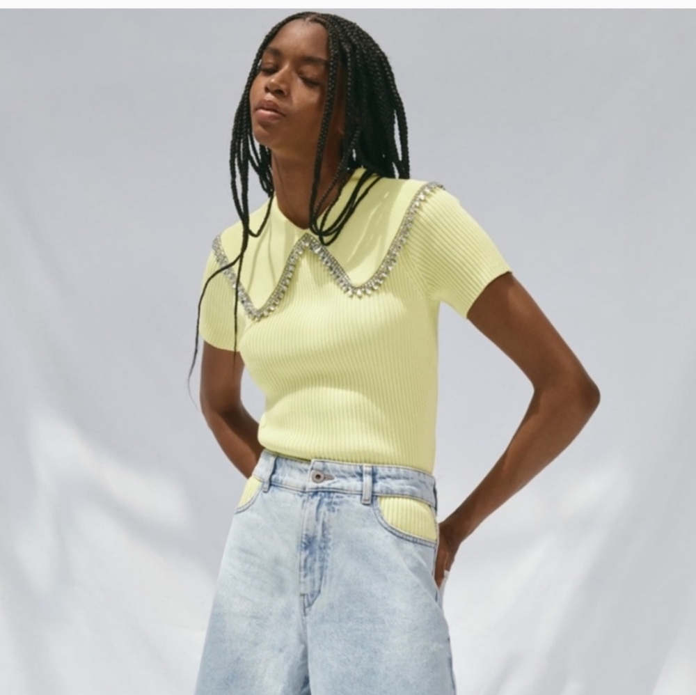 NWT ZARA Light Yellow Top with Collar and Silver Embellishments